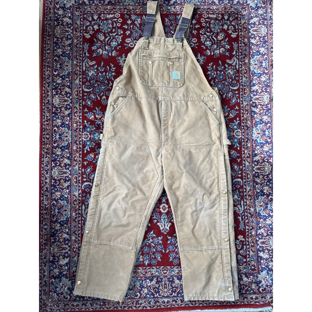 Carhartt Brown Insulated High Back Bib Overalls Red Lined 45x28 Double Knee 2XL